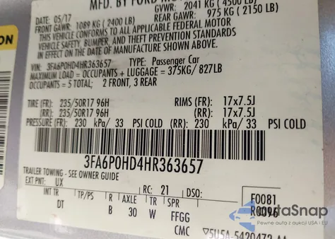 2017 Ford Fusion Se из США, поврежденный, VIN 3FA6P0HD4HR363657